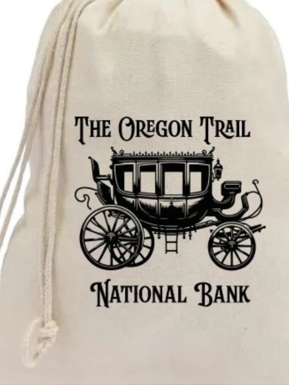 The Oregon Trail National Bank Drawstring Bag - Cream with Black Print Small Bag